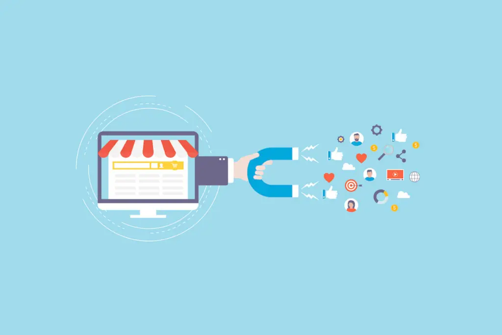 lead magnet - laptop showing shop front with a hand holding a magnet